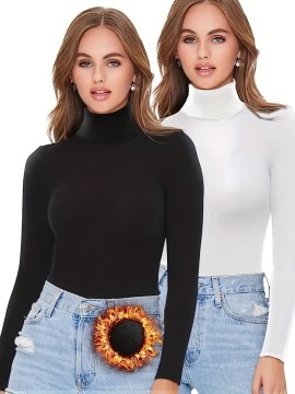 2 Packs Warm Turtleneck T-Shirts, Casual Long Sleeve Top For Spring & Fall, Women's Clothing